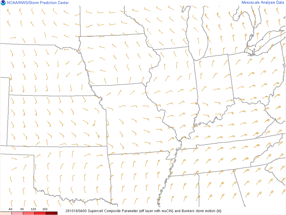SPC mesoanalysis map, Supercell composite parameter, Midwest region, analysis for 04Z. Its key and units are in SPC’s picture; what it shows is described beside it.