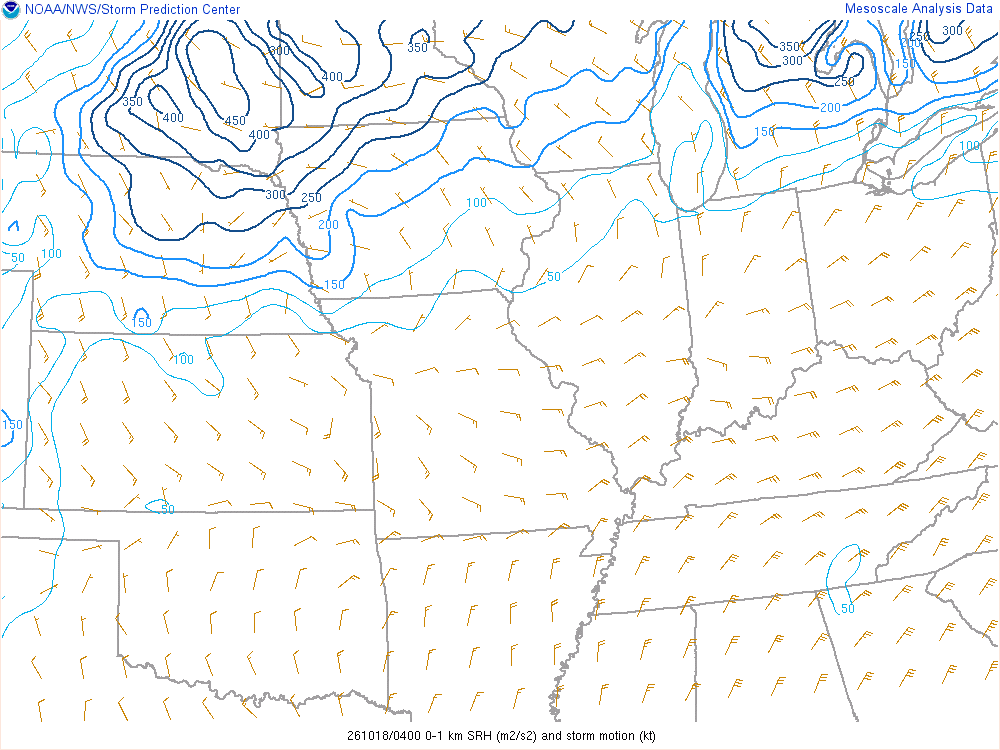 SPC mesoanalysis map, 0–1 km storm-relative helicity, Midwest region, analysis for 04Z. Its key and units are in SPC’s picture; what it shows is described beside it.