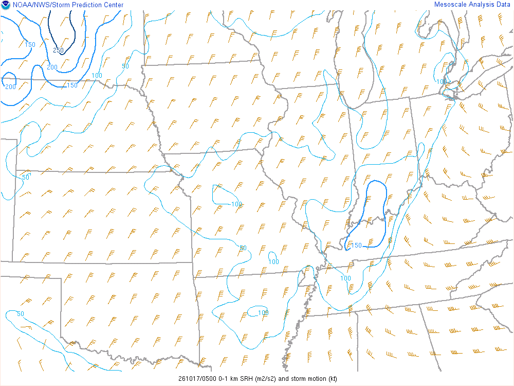 SPC mesoanalysis map, 0–1 km storm-relative helicity, Midwest region, analysis for 05Z. Its key and units are in SPC’s picture; what it shows is described beside it.