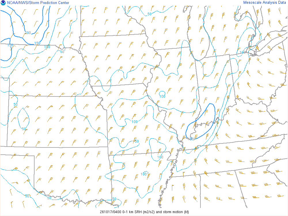 SPC mesoanalysis map, 0–1 km storm-relative helicity, Midwest region, analysis for 04Z. Its key and units are in SPC’s picture; what it shows is described beside it.