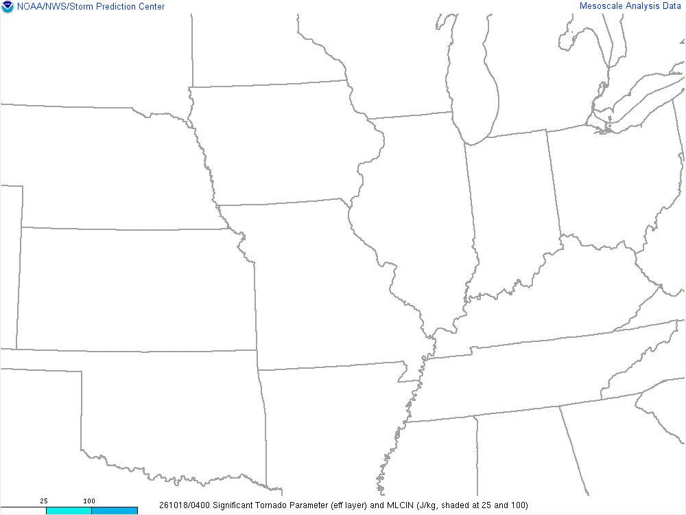 SPC mesoanalysis map, Significant tornado parameter (effective layer), Midwest region, analysis for 04Z. Its key and units are in SPC’s picture; what it shows is described beside it.