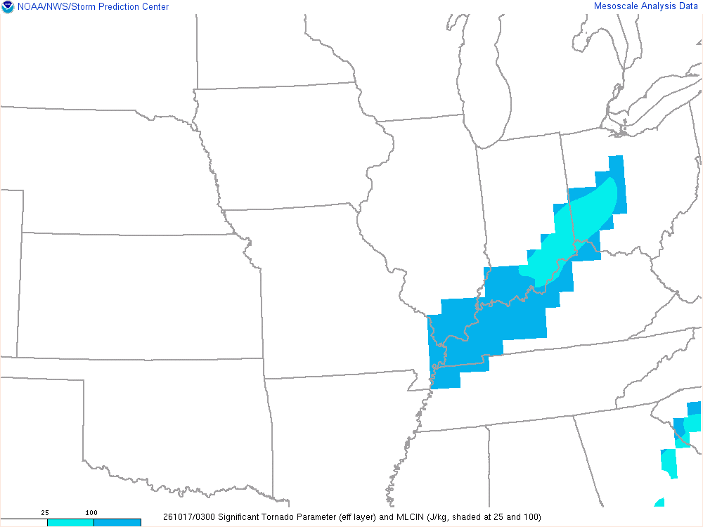 SPC mesoanalysis map, Significant tornado parameter (effective layer), Midwest region, analysis for 03Z. Its key and units are in SPC’s picture; what it shows is described beside it.