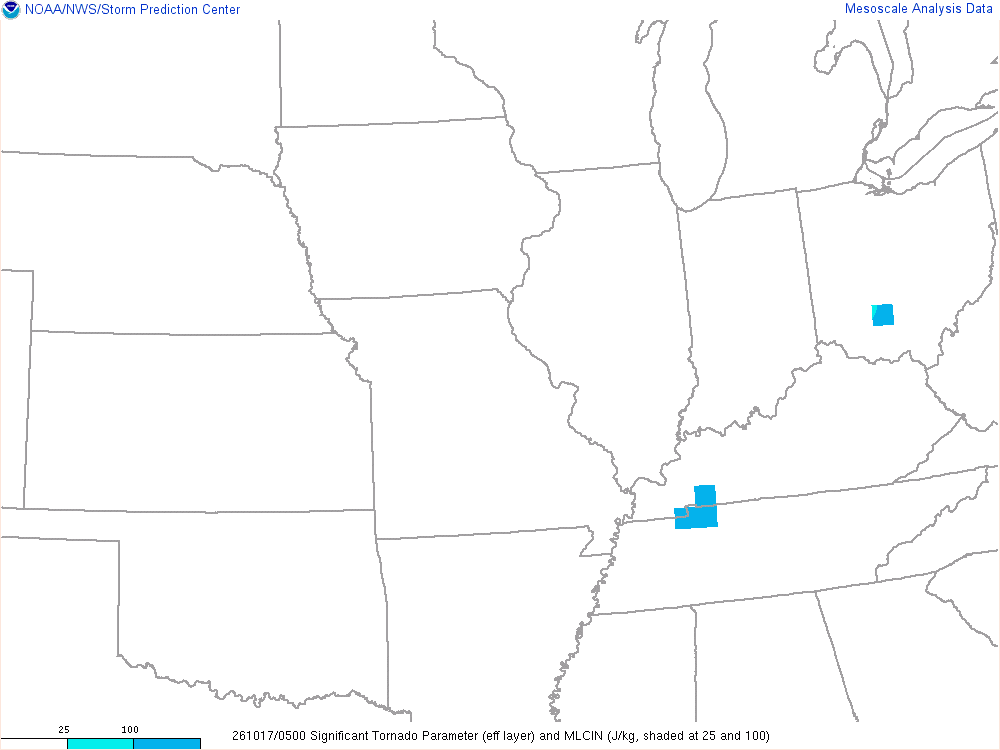 SPC mesoanalysis map, Significant tornado parameter (effective layer), Midwest region, analysis for 05Z. Its key and units are in SPC’s picture; what it shows is described beside it.