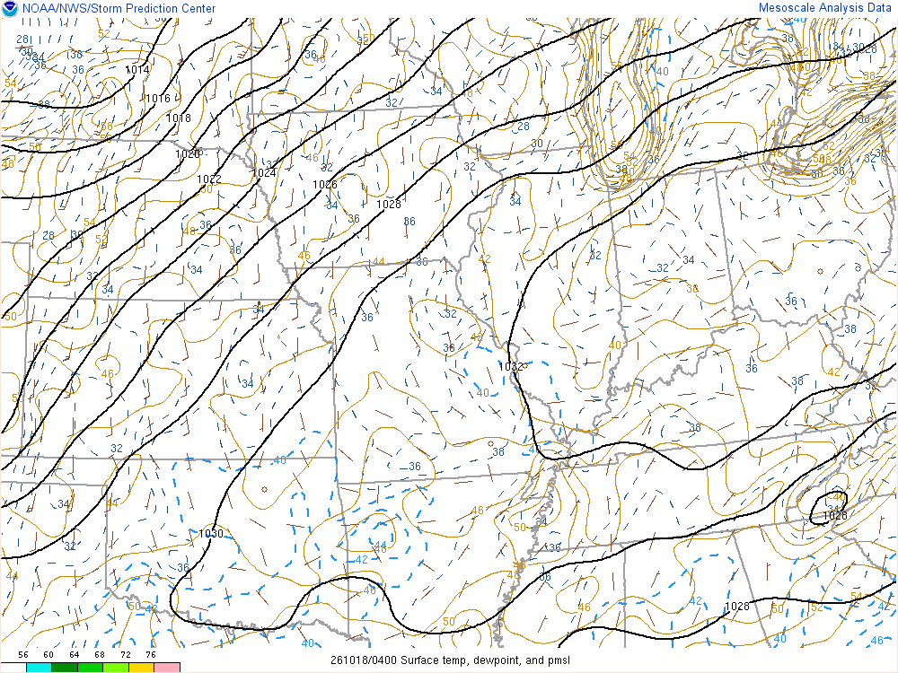 SPC mesoanalysis map, Surface temperature, dew point and sea-level pressure, Midwest region, analysis for 04Z. Its key and units are in SPC’s picture; what it shows is described beside it.