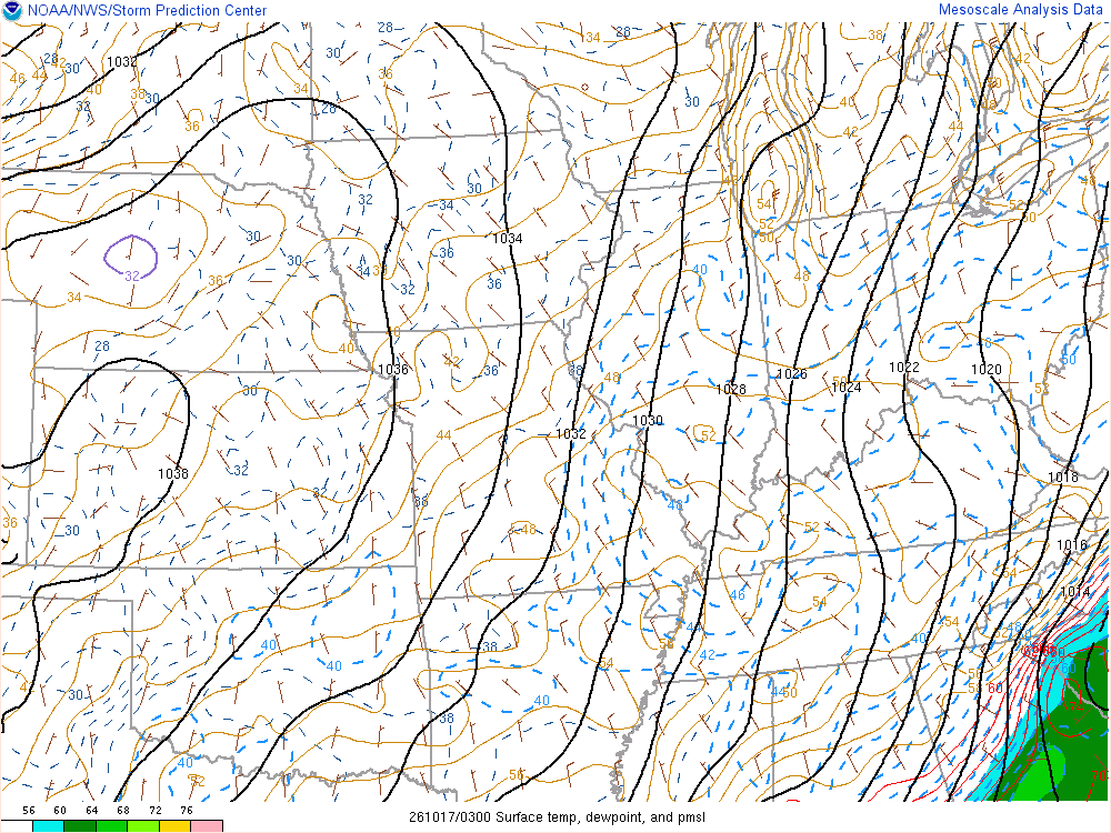 SPC mesoanalysis map, Surface temperature, dew point and sea-level pressure, Midwest region, analysis for 03Z. Its key and units are in SPC’s picture; what it shows is described beside it.