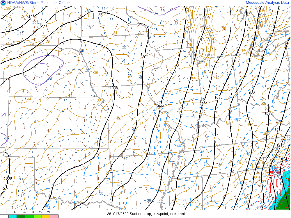 SPC mesoanalysis map, Surface temperature, dew point and sea-level pressure, Midwest region, analysis for 05Z. Its key and units are in SPC’s picture; what it shows is described beside it.