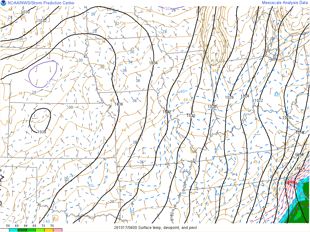 SPC mesoanalysis map, Surface temperature, dew point and sea-level pressure, Midwest region, analysis for 04Z. Its key and units are in SPC’s picture; what it shows is described beside it.